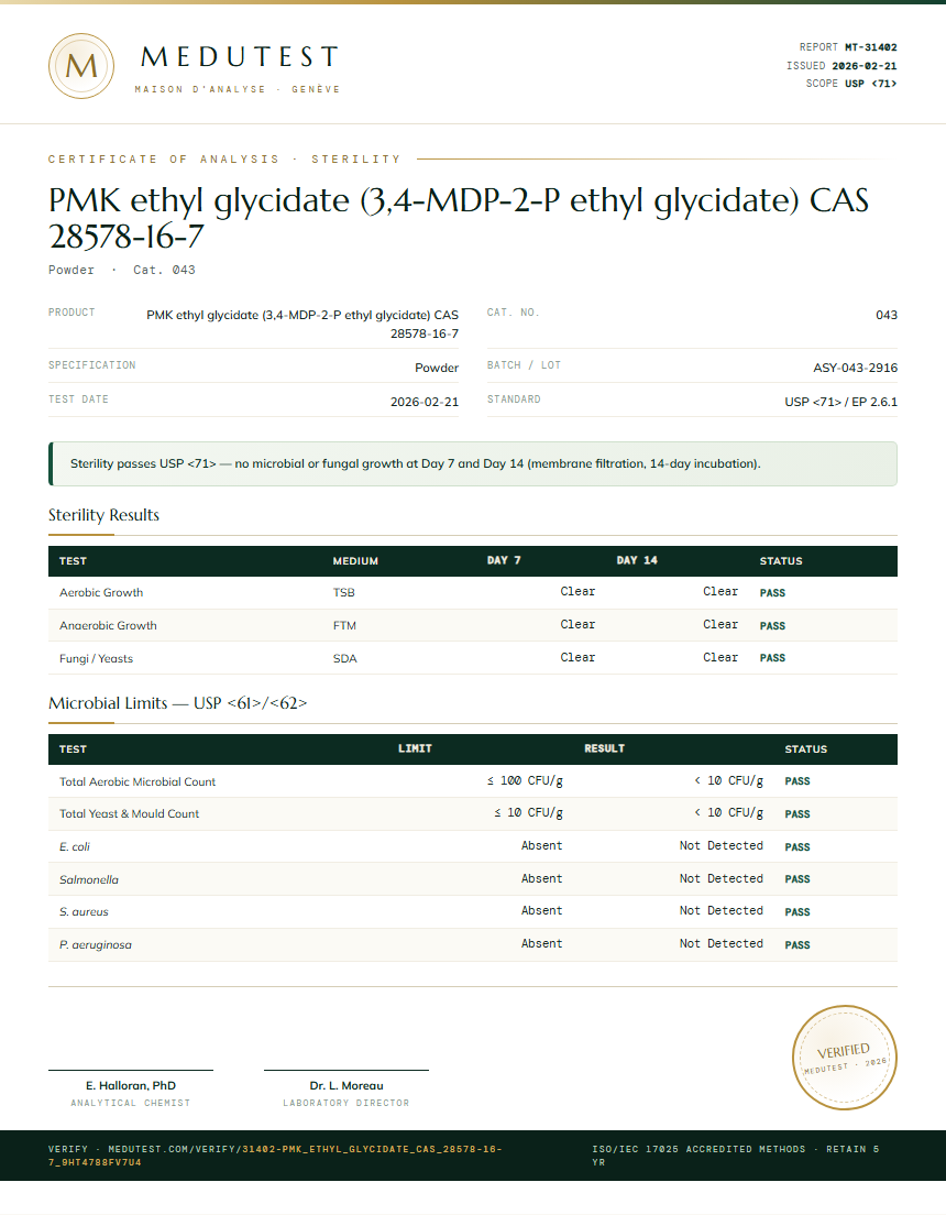 PMK ethyl glycidate (3,4-MDP-2-P ethyl glycidate) CAS 28578-16-7 Sterility report by Medutest
