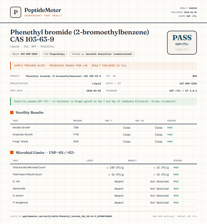 Phenethyl bromide (2-bromoethylbenzene) CAS 103-63-9 Sterility report by PeptideMeter
