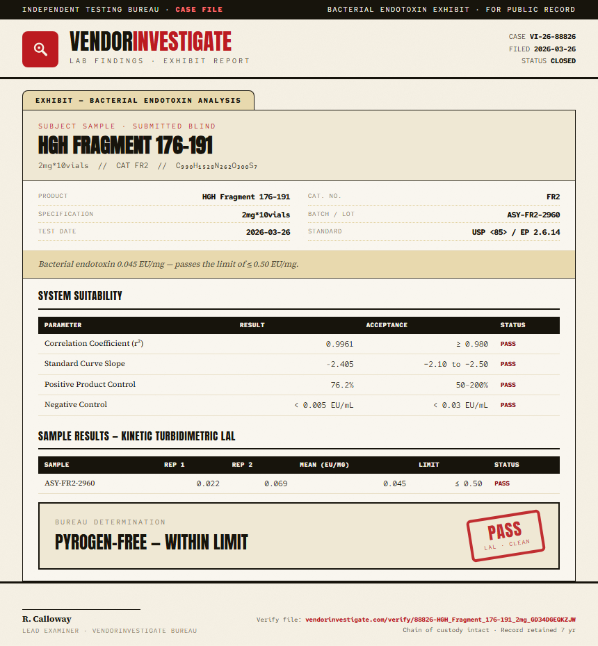 HGH Fragment 176-191 Endotoxin report by VendorInvestigate