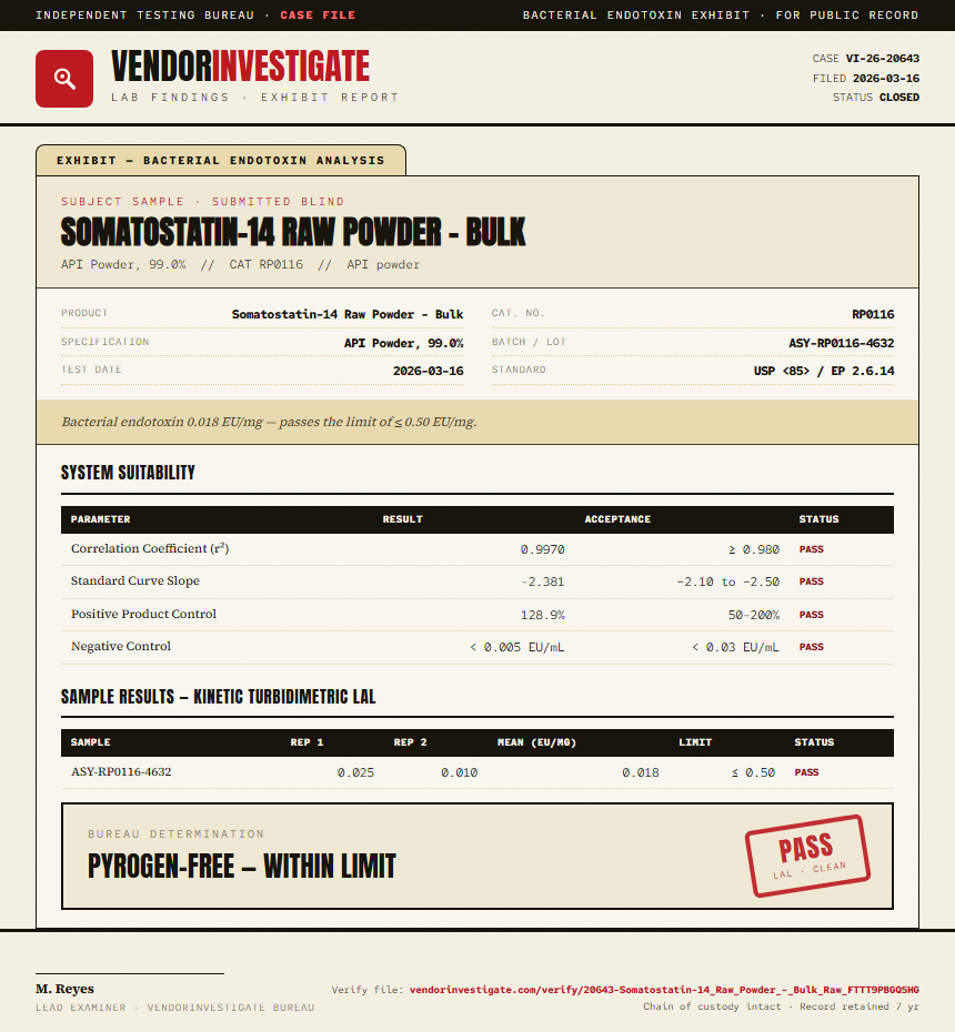 Somatostatin-14 Raw Powder - Bulk Endotoxin report by VendorInvestigate