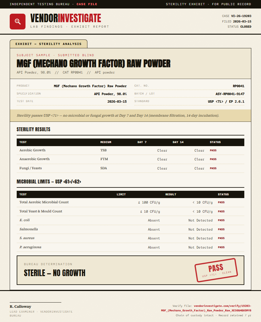 MGF (Mechano Growth Factor) Raw Powder Sterility report by VendorInvestigate