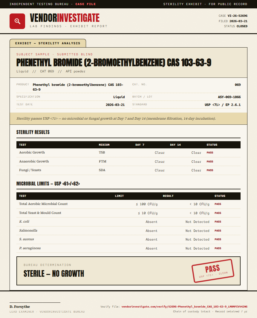 Phenethyl bromide (2-bromoethylbenzene) CAS 103-63-9 Sterility report by VendorInvestigate
